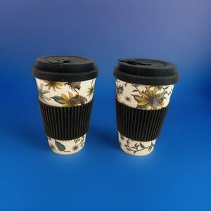 Lot Of 2  Coffee Tea Travel Cup, Lid & Sleeve bumblebee flower design 16ozs